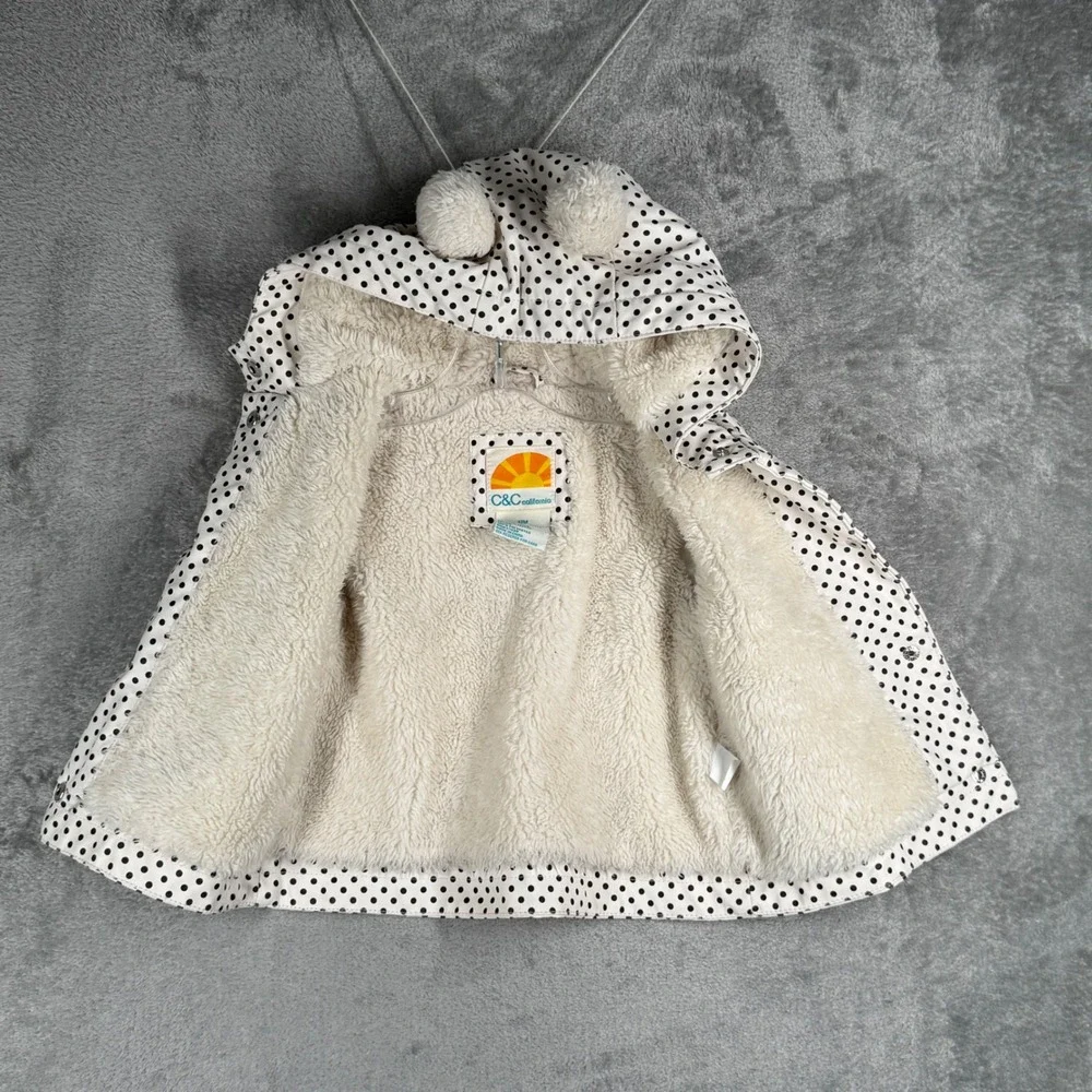 C&C California‎ Kids Rain Jacket 12M White Black Polka Dot Pompom Hooded Coat